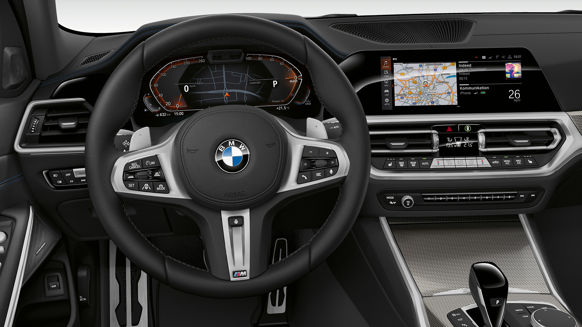 BMW Serie 3 Sedán, Cabina del Modelo Sport Line. Frontal close-up of the driver's cockpit of the BMW 3 Series Sedan with Model Sport Line features. Acercamiento frontal de la cabina del conductor del BMW Serie 3 Sedán con elementos del Modelo Sport Line.