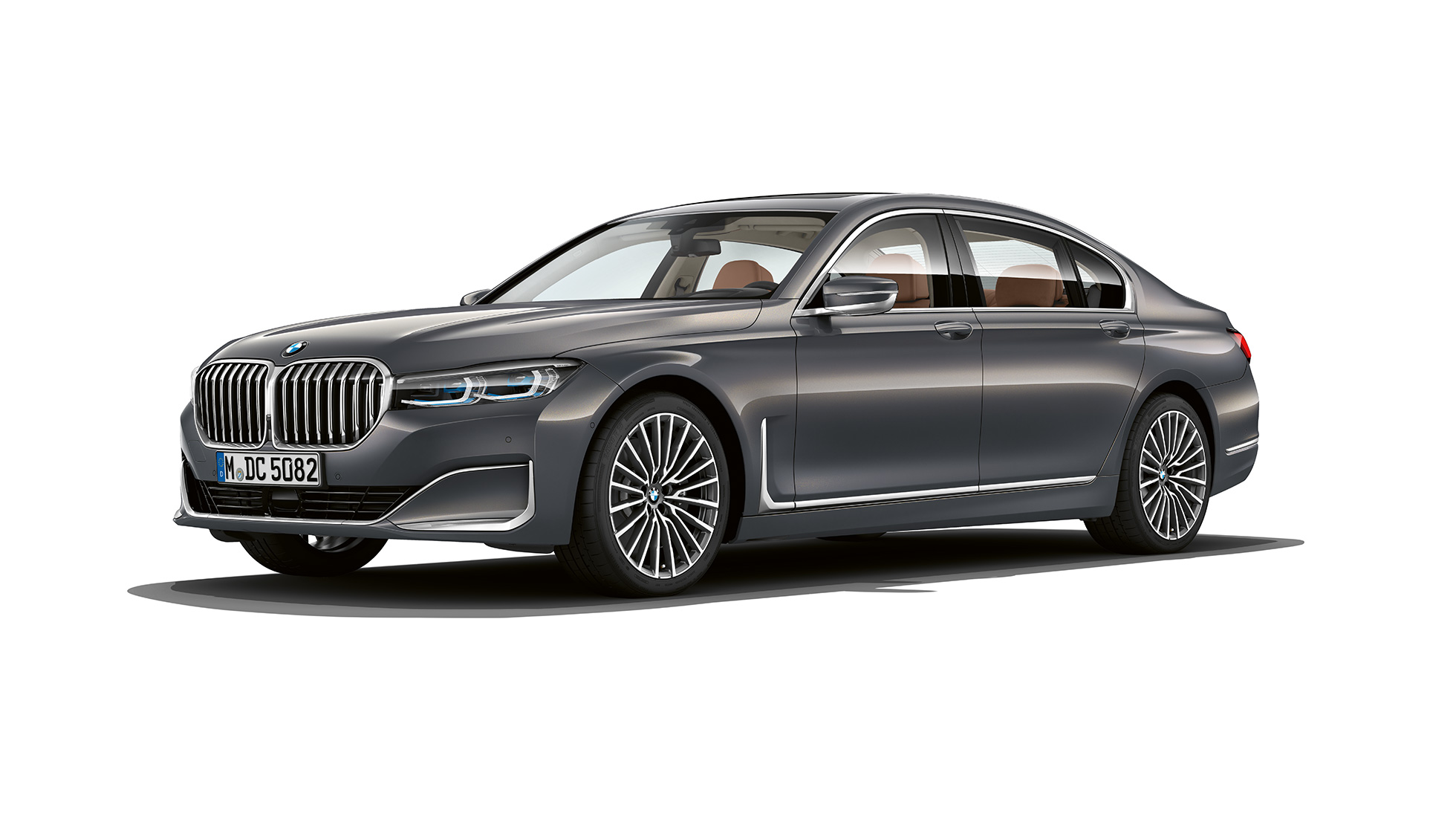 BMW Serie 7 Sedán Gris con Diseño Exterior Pure Excellence en vista frontal de tres cuartos
