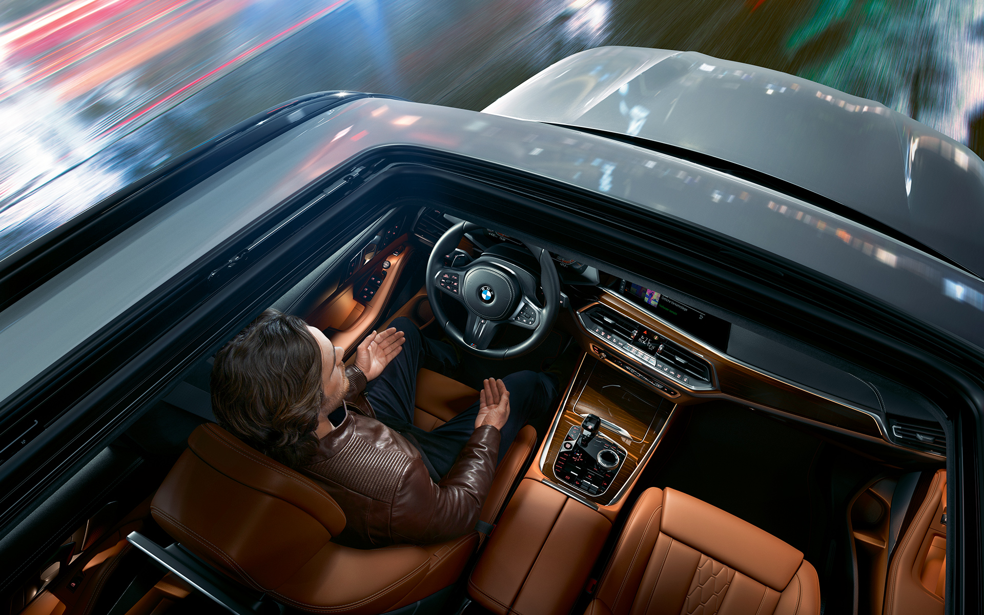 Shot of the BMW X5 interior taken from above through the Panorama glass roof