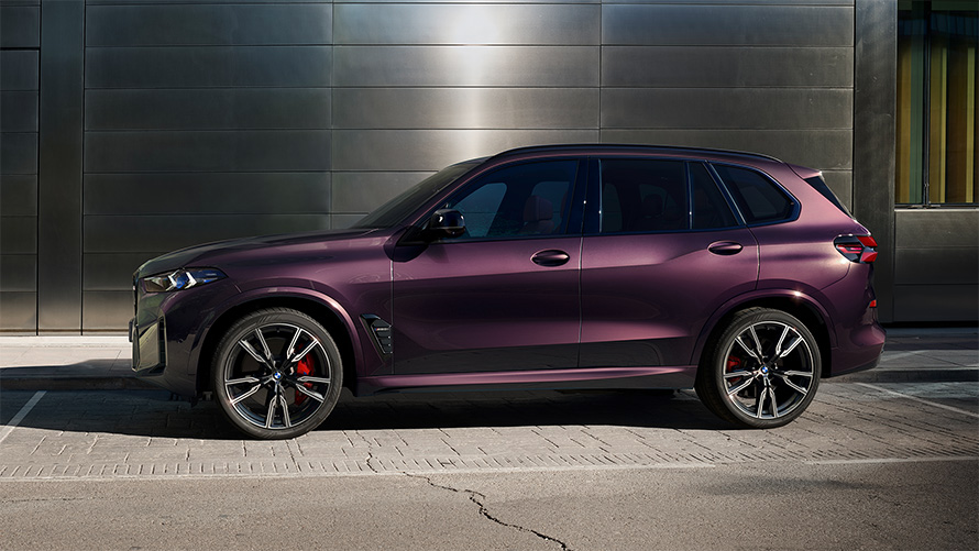 BMW X5 M60i G05 en BMW Individual Mora metalizado, vista de 2/3 del lateral, aparcamiento