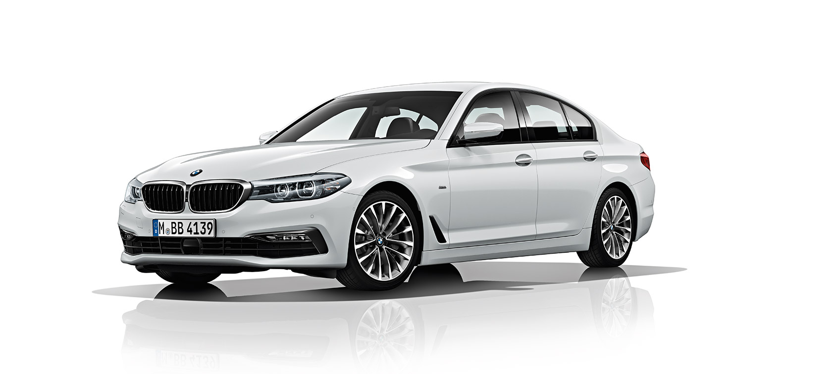 BMW 5 Series Sedan Three quarter front view of the BMW 5 Series Sedan in white.