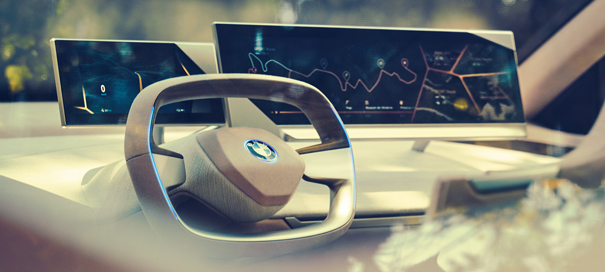 Interior del BMW Vision iNEXT Interior del BMW Vision iNEXT con volante y tablero